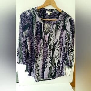 Dana Buchman Asymmetrical  Purple Black And Gray 3/4 Sleeve Blouse Size L